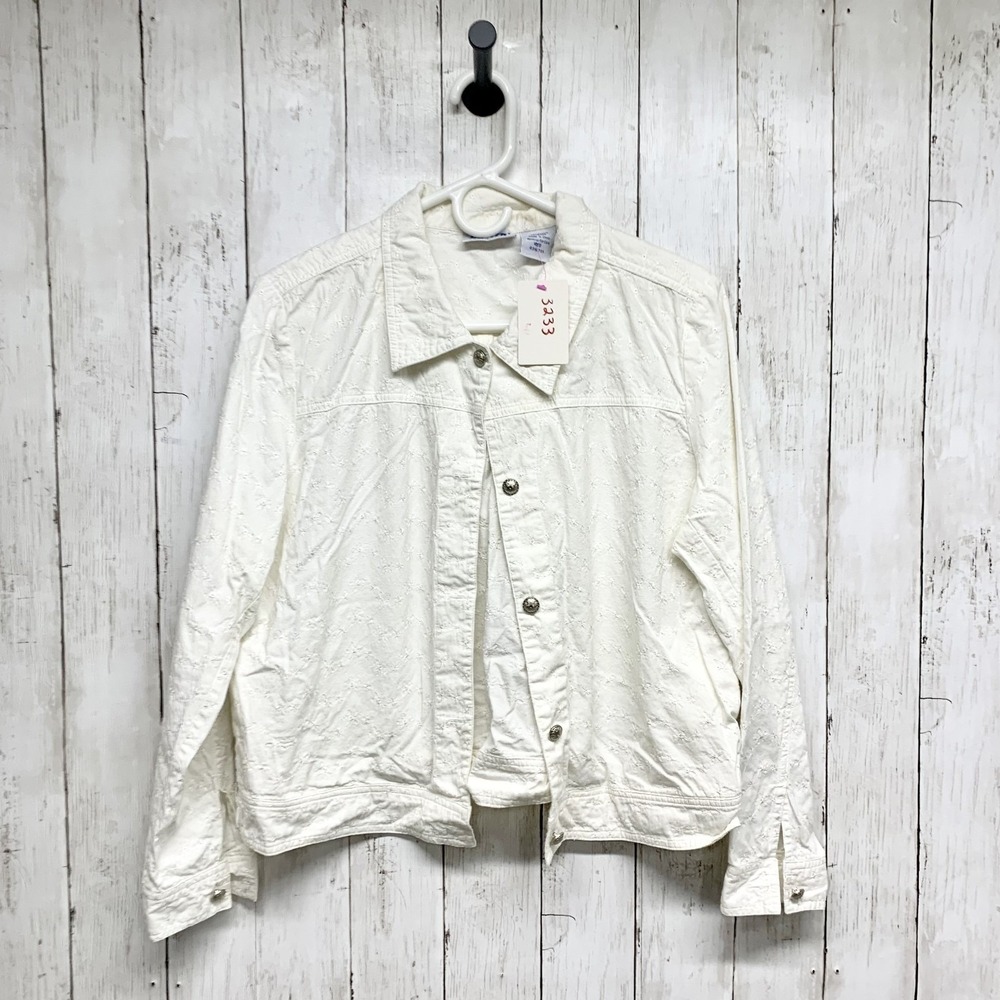 Blair Eyelet Embroidered Denim Jacket Womens Size M White Floral Shacket Cotton